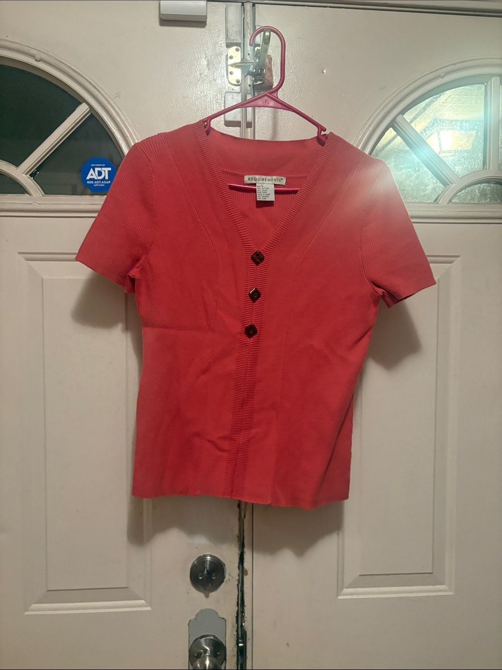Express Coral Red Short Sleeve Button-Front Knit Top